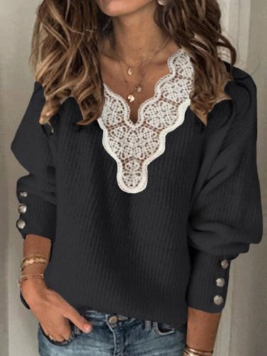 V-Neck Loose Long-Sleeved Lace-Paneled Knitted Sweater