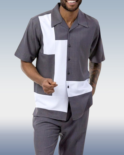 Men's 2 Piece Short Sleeve Walking Suit Tetris Color Block in Grey