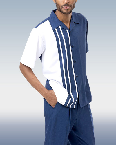 Navy Striped Color Block Walking Suit 2 Piece Short Sleeve Set