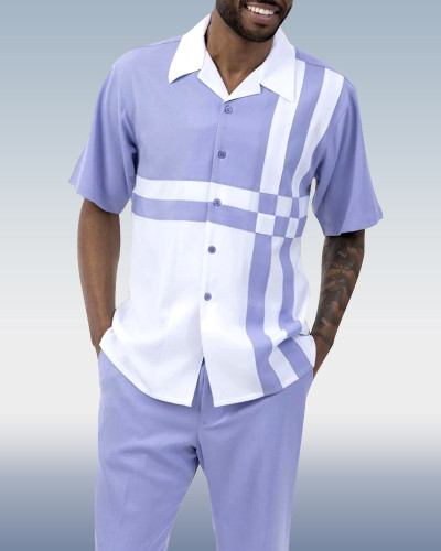 Men's 2 Piece Short Sleeve Walking Suit Contrast Striped Pattern in Lavender