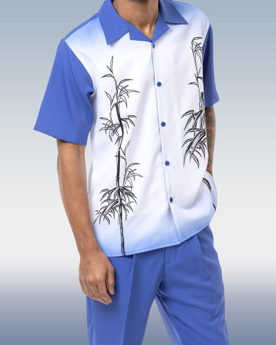 Montique Blue Tropical Print Walking Suit 2 Piece Short Sleeve Set