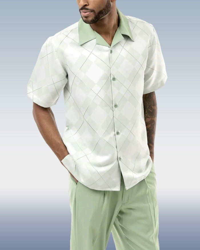 Men's Green Pattern Short Sleeve Walking Suit 2 Piece