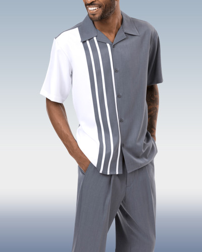 Vertical Stripes Short Sleeve Trousers Two-Piece Walking Suit