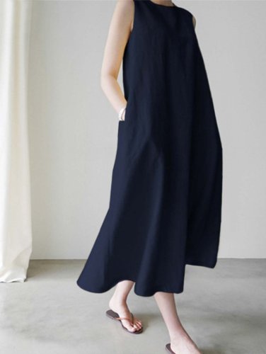 Loose Solid Color Pocket Sleeveless Cotton And Linen Dress