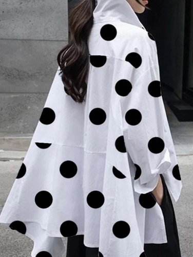 Fashion Buttoned High-Low Polka-Dot Split-Side Lapel Long Sleeves Blouse