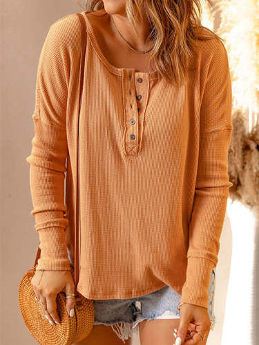 Solid Color Buttons Up Knitted Tops