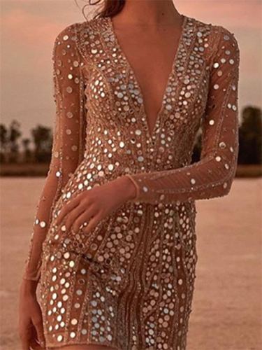 V-Neck Long-Sleeved Gold-Sprinkled Dress