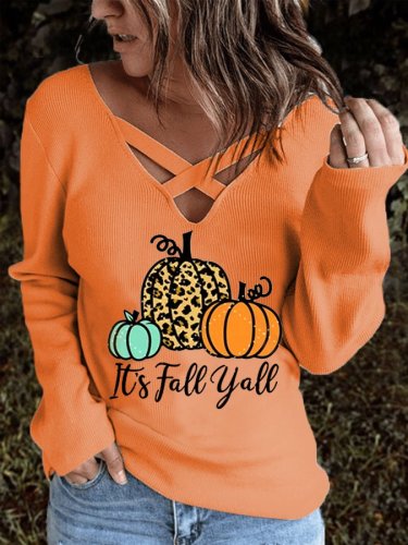 Women's It's Fall Y'all Pumpkin Print Cross V-Neck Top