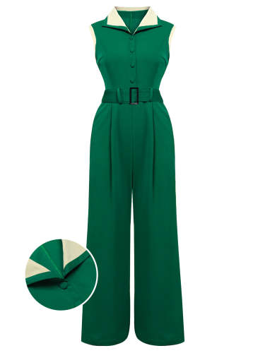 Green Lapel Collar Sleeveless Jumpsuit