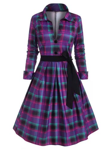 Purple 1950s Plaids Lace-Up Swing Dress