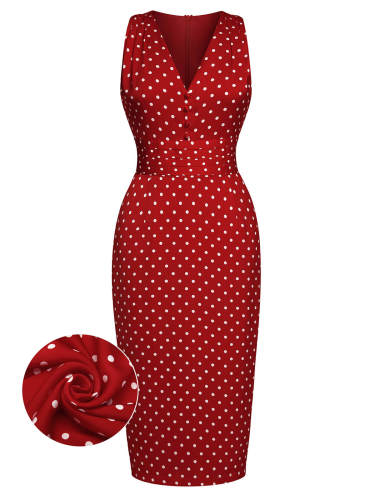 [Pre-Sale] Red 1960s Dots V-Neck Pencil Dress