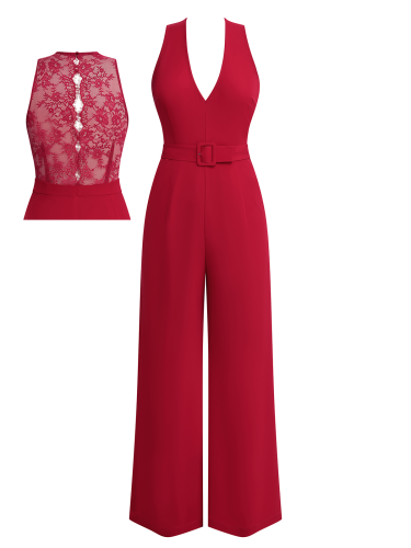 [Pre-Sale] Red Back Lace Patchwork Jumpsuit