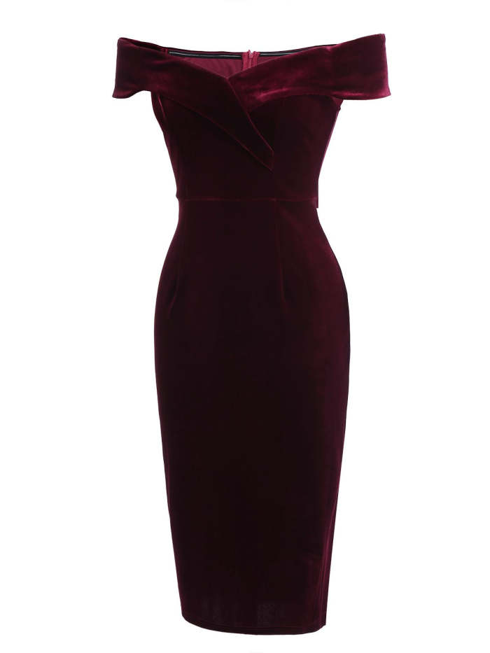 Wine Red 1960s Velvet Bodycon Vintage Dress
