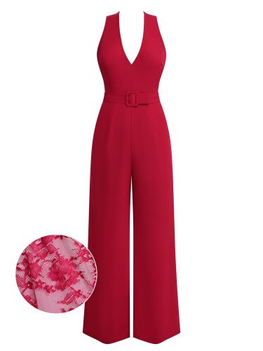 [Pre-Sale] Red Back Lace Patchwork Jumpsuit