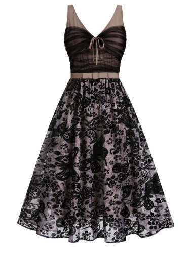 [Pre-sale] Black 1950s Butterfly Mesh Stitching Dress
