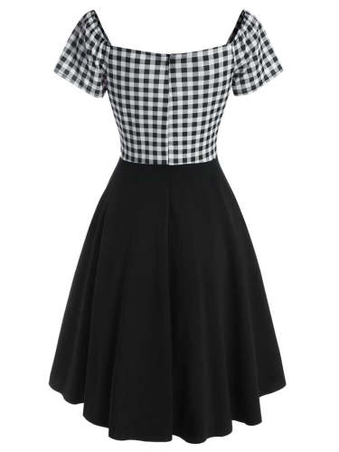 Black 1950s Plaids Button Swing Dress