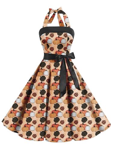 [Pre-Sale] 1950s Pumpkin Halter Strap Patchwork Dress
