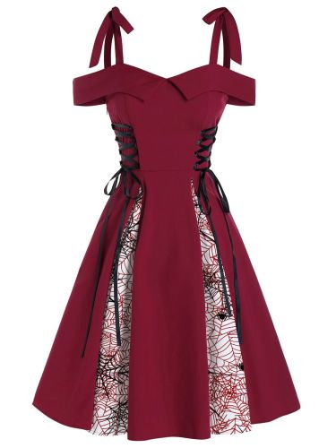 [Pre-Sale] Red 1950s Patchwork Bowknot Lace-up Dress
