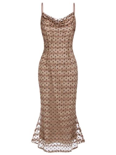 [Pre-sale] Khaki 1960s Strap Dot Floral Lace Dress