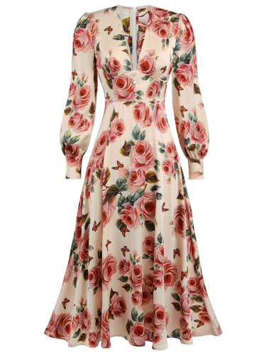 [Pre-Sale] 1950s Rose V-Neck Long Sleeves Dress