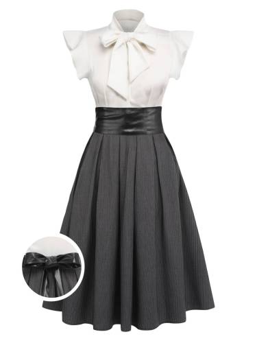 [Pre-Sale] White & Gray 1950s Lace-Up Swing Dress