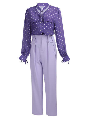 2PCS Purple Ploka Dots Sleeve Blouse & Solid Pants