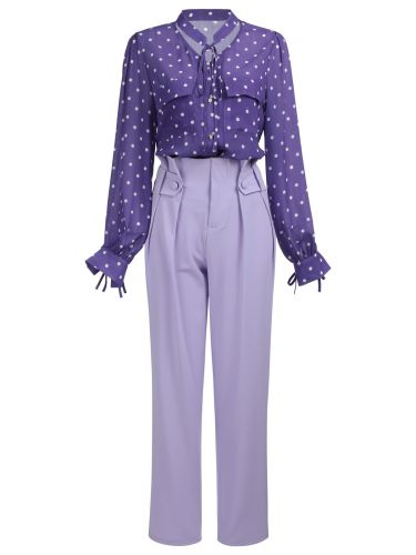 2PCS Purple Ploka Dots Sleeve Blouse & Solid Pants