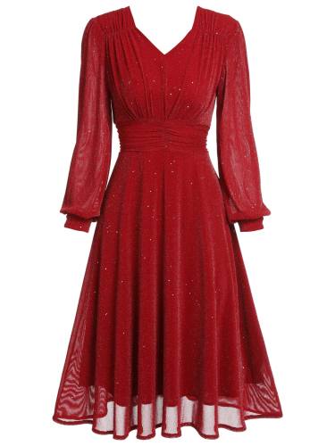 Red 1950s Solid Shiny Long-Sleeve Dress