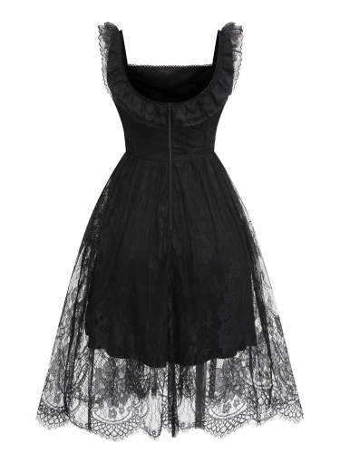 Black 1950s Lace Ruffle Lace-up Dress
