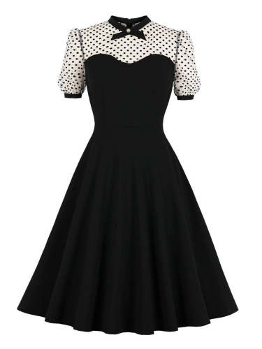 Black 1950s Lace Dot Puff Swing Dress