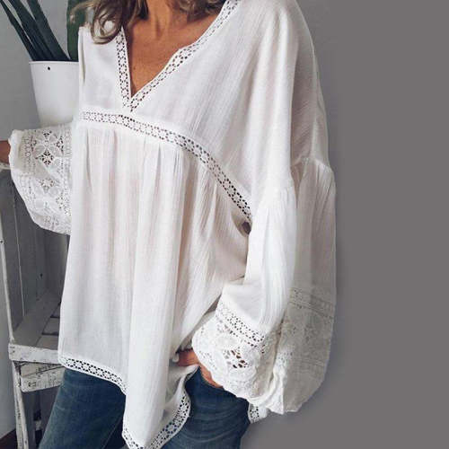 Hot sale V-neck casual style lace stitching lantern sleeve loose shirt