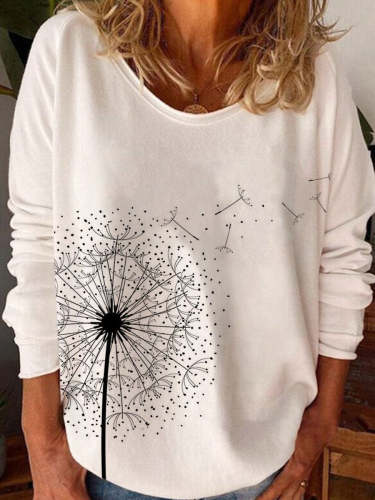 Round Neck Dandelion Print Versatile Long Sleeve T-shirt