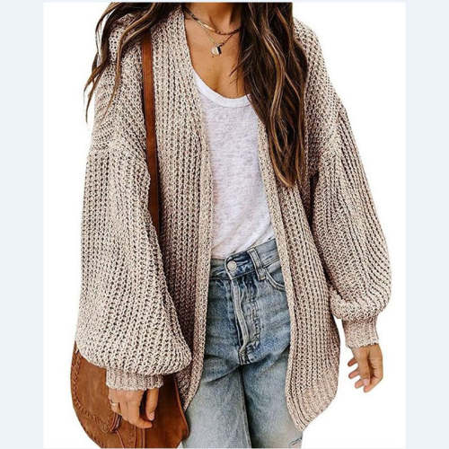 Loose Solid Color Lantern Sleeve Mid Length Sweater Jacket