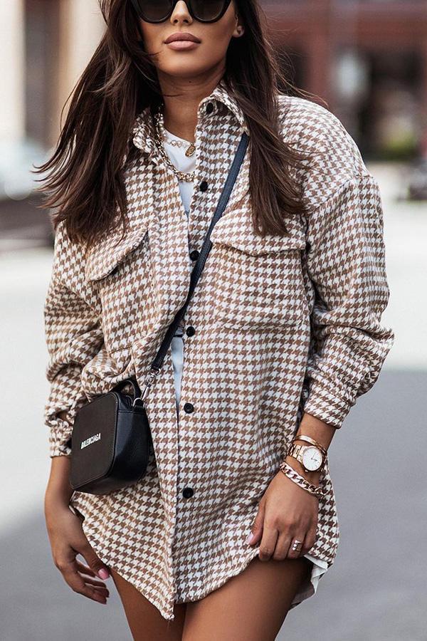 Spice It Up Houndstooth Print Plaid Pocketed Coat
