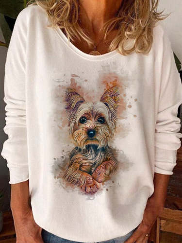 Round Neck Cute Dog Print Casual Long Sleeve T-shirt