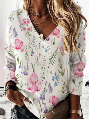 Casual Floral Print V-Neck Loose Long Sleeve T-Shirt