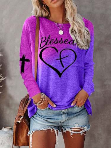 Jesus Has My Back, Blessed Cross Heart Gradient Long-sleeved T-shirt