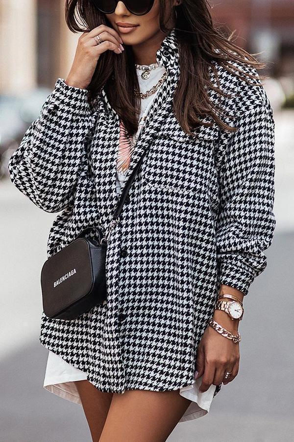 Spice It Up Houndstooth Print Plaid Pocketed Coat