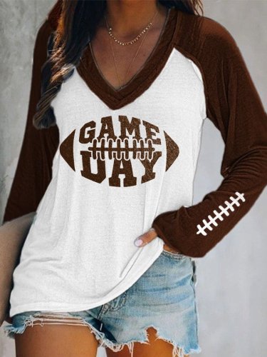 Women's Football Lover Game Day Casual V-Neck Long-Sleeve T-Shirt