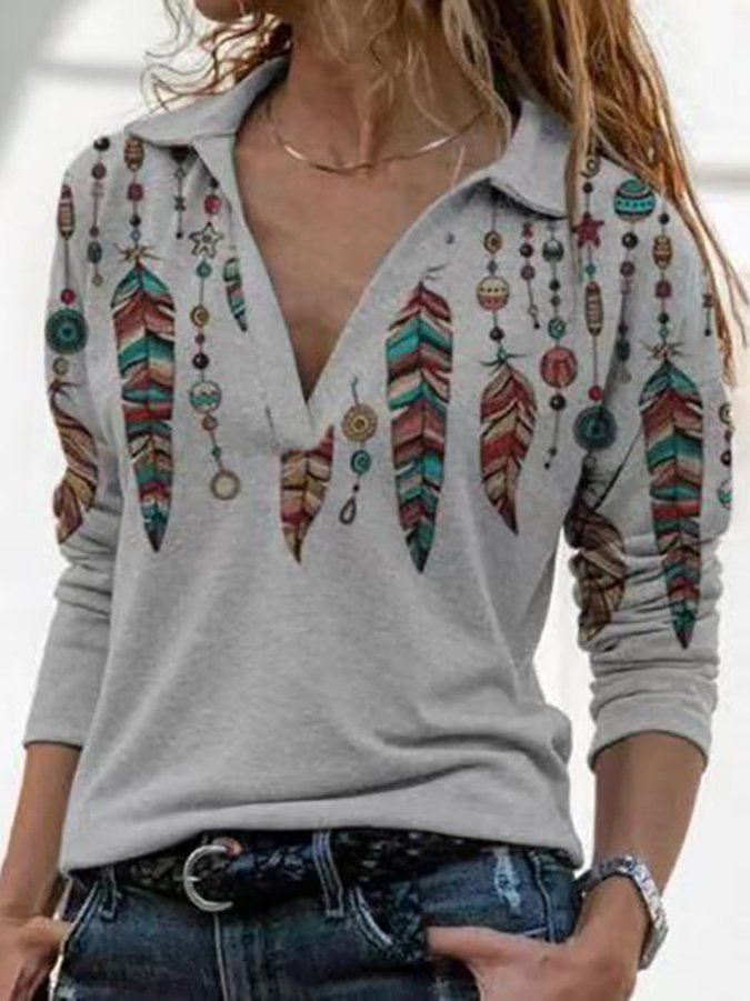 Vintage Indian Feather Print Casual T-Shirt