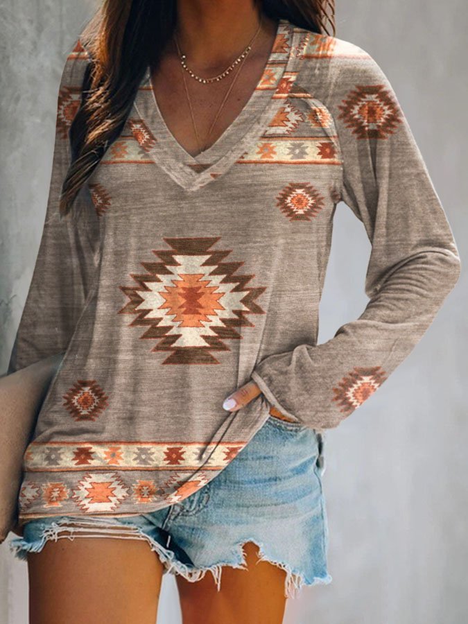 Geometric Ethnic Print V-Neck Long Sleeve T-Shirt