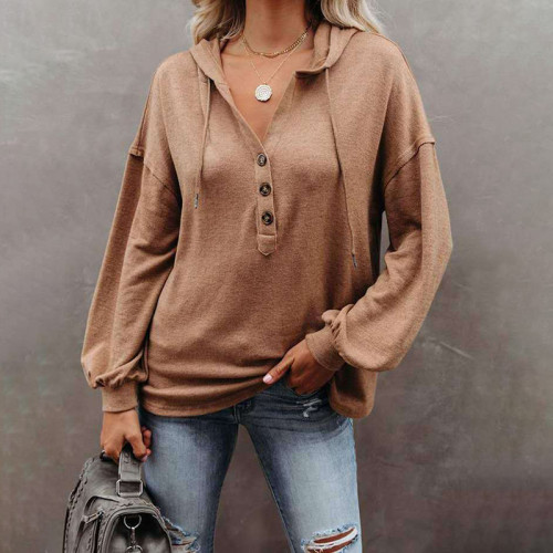 Casual Solid Button Long Sleeve Hoodie