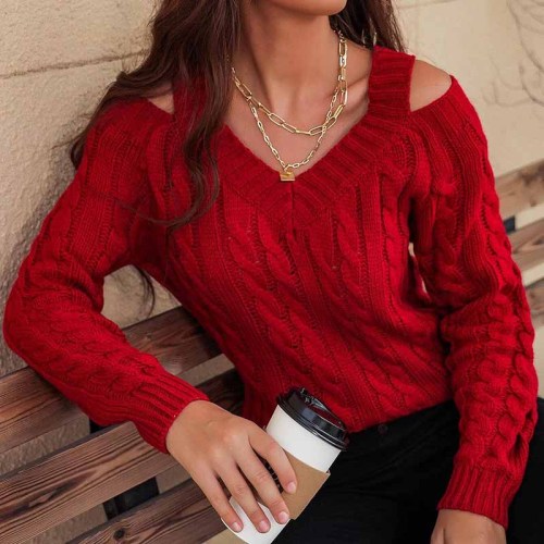 Braided V-Neck Cutout Pullover Sweater
