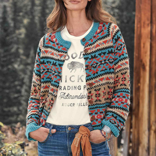 Fair Isle Contrast Geometric Jacquard Sweater Cardigan