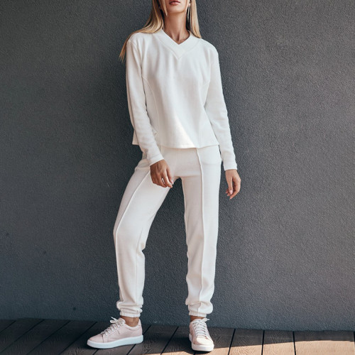 Solid Color V Neck Sweater Tracksuit Two Piece Set