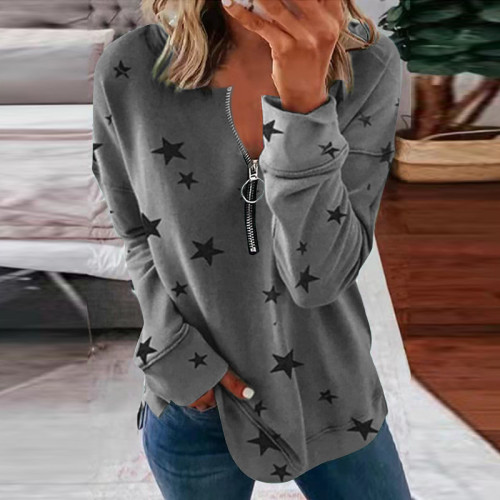 Casual Star Print Zip Long Sleeve Sweatshirt