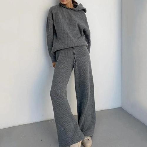 Women Solid Casual Knitted Hoodie Suit Sets