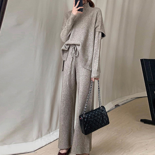 Loose solid color lace-up vest bottoming shirt wide-leg pants knitted three-piece set