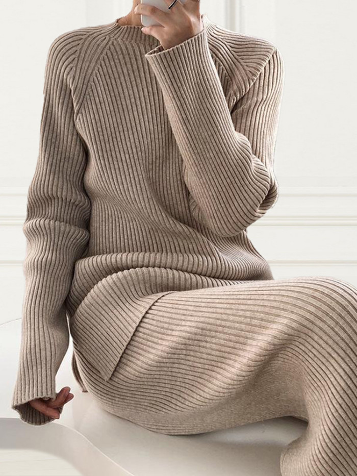 Warm split sweater knitted wide-leg pants two-piece set
