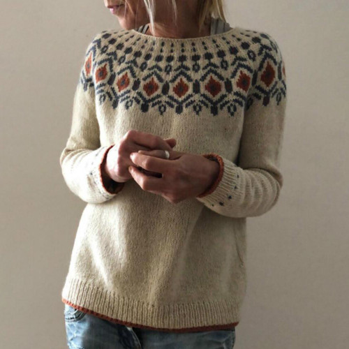 Vintage Geometric Jacquard Long Sleeve Crew Neck Sweater
